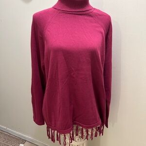 Fuchsia pink tassel hem cowl neck sweater L lightweight knit Rafaella 👠